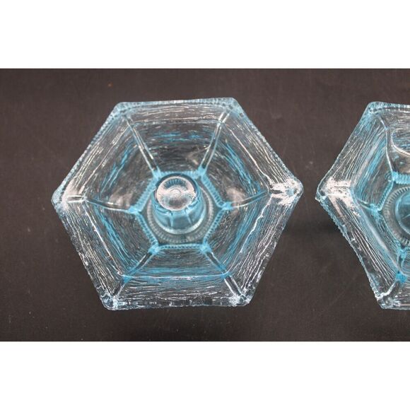 Vtg LE Smith Texture Glass Aqua Blue Hexagon Starfish Candle Holder Set of 2 - Picture 8 of 8